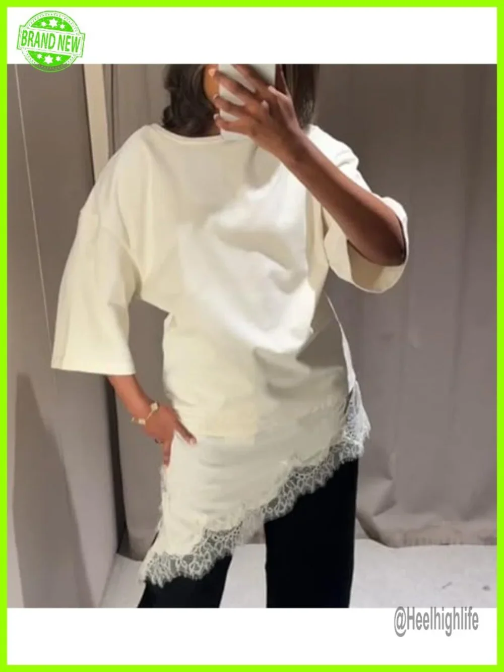 Lace T-Shirt Oversized Crewneck Short Sleeve Asymmetrical Hem Womens Tee